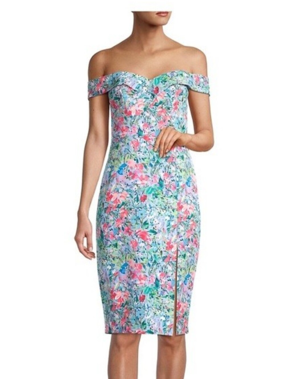 Aidan by Aidan Mattox Off-Shoulder Floral Sheath Dress in Pink, Blue, Green